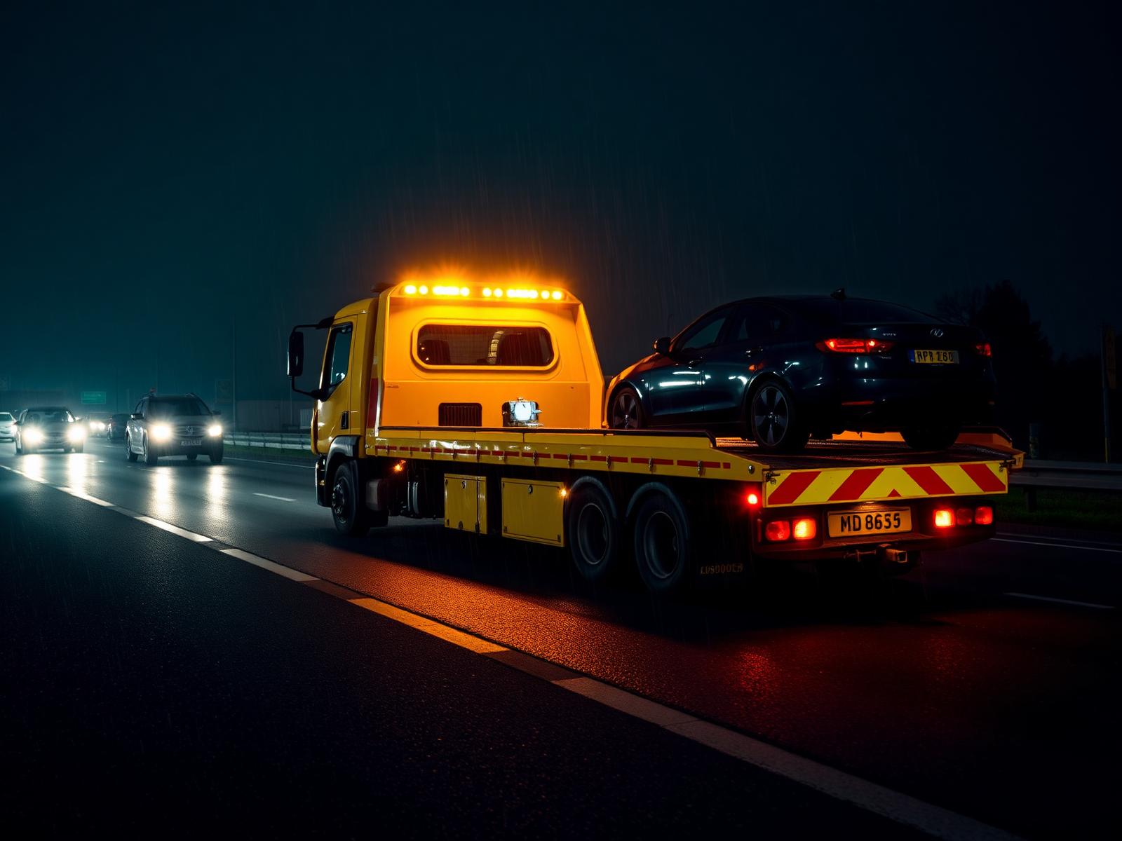 Recovery truck loading a broken-down car at night